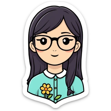 A girl who has straight hair with a flower on her hair,has glasses sticker