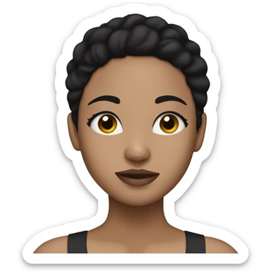 Light skin girl with black hair using a face mask sticker