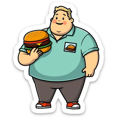 fat man with a shirt that doesn't fit him and has grease stains, holding a burger sticker
