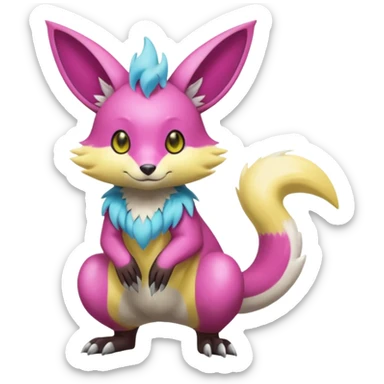 realistic Shiny smooth silky soft Cyan-Yellowish-Magenta Minccino-Zeraora-Emolga-Vernid-Sergal-fusion-hybrid-animal-creature, full body sticker