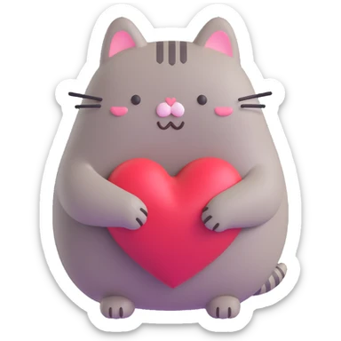 Pusheen hugging a big heart, pastel colors, adorable, 3D emoji style sticker