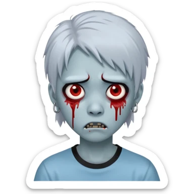 Create a 3D emoji-style avatar with very pale blue-grey zombie skin like the reference image, a young Asian face, and large eyes with blood tears. Give it white mullet-style hair, silver hoop earrings, and a plain black T-shirt. The face expression should be slightly angry sticker
