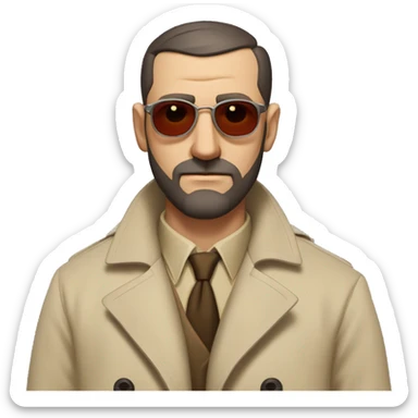 1930s investigator, a Caucasian man with short, buzz cut dark hair and a rough beard, wears tiny red-tinted sunglasses and a dirty beige trench lab coat. He has a serious demeanor. sticker