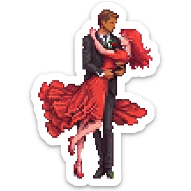 pixel art of a romantic couple dancing the Spanish tango, man in black suit with red rose on chest, woman in flowing red dress with one leg extended in dramatic tango pose, close embrace, expressive movements, classic tango elegance, small pixel art style, emoji size, cute and vibrant sticker