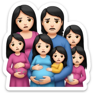 pregnant woman with long black hair crying, angry husband beside her, five little girls with them sticker