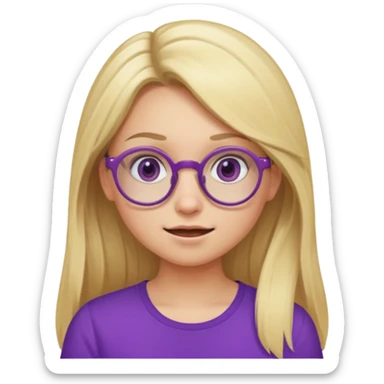 una chica rubia con el pelo largo, gafas redondas, vestida con un top morado, y con diferentes expresiones sticker
