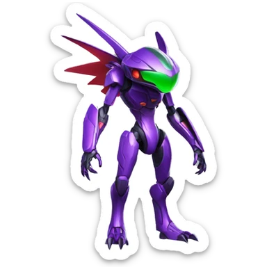 a shiny purple-green-red Genesect-Raptor-Fakémon—hybrid with a futuristic visor-helmet full body sticker