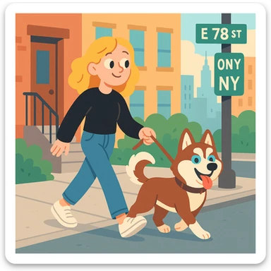 Cute Blonde woman wearing a black sweater and jeans and white sneakers walking a happy red-brown blue-eyed Siberian husky in New York City on an upper east side city sidewalk  sticker