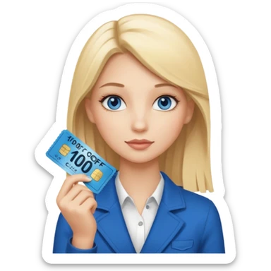 make a elegant girl with a ticket in her hand that says 10 precent off, sticker