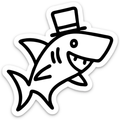 a playful shark character with a top hat, bold lines, outlined icon style sticker