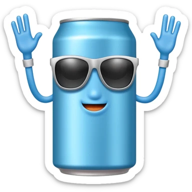A soda can with a light blue color, with legs, arms, and a face. It can be seen wearing sunglasses sticker