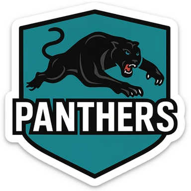 Penrith Panthers emblem, shield shape, stylized panther, black and teal color scheme, dynamic sports logo sticker