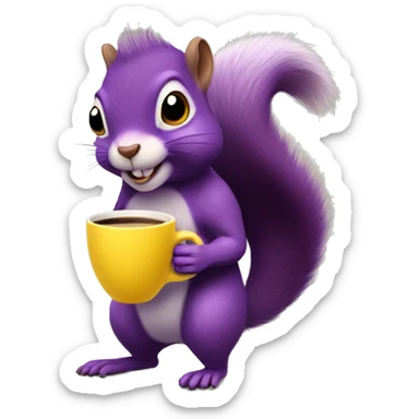 purple animated squirrel in a yellow dress with a large mug of coffee in its paws sticker