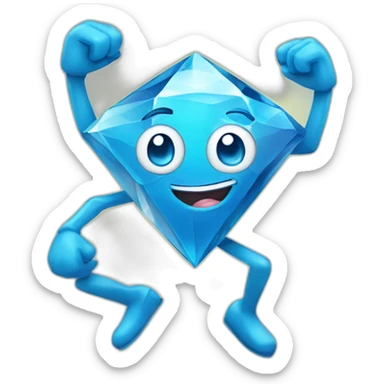 A blue diamond with a face, arms and legs doing something random and with a very happy face sticker