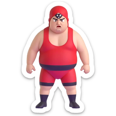 Close-up of white skin fat guy with prominent black durag, completely shaved face, no beard or mustache, black eyes in a red and black wrestling singlet with angry face sticker