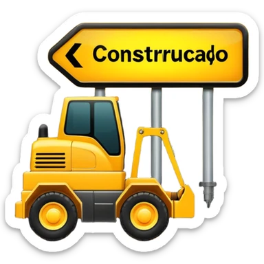 construction sign with 'em construção' text, blinking lights, sense of movement, interactive look sticker