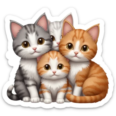 3 very small kittens cuddling together all different colours, the first one is grey and white, the second is ginger and white and the third is brown tabby and white sticker