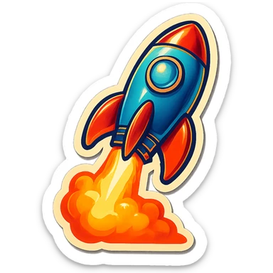 rocket ship blasting off, retro stickers style sticker