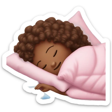 Sleepy girl laying on pink pillow with brown curly hair and a ice pack sticker