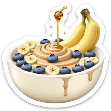 yogurt bowl with banana and bluberries with peanut butter on top and honte sticker