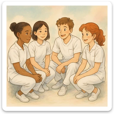Four nursing students inspired by the faces of four photos, wearing complete white short-sleeve uniforms (visible arms), no stethoscope, sitting in a circle without touching, friendly and warm atmosphere, Ghibli style, pastel background. sticker