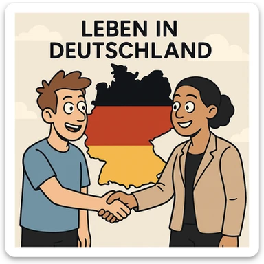 flat minimal style icon for 'Leben in Deutschland' app showing two people shaking hands over map of Germany using German flag colors black red gold sticker