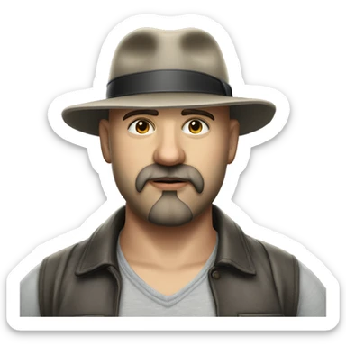 Photorealism A plump bald man of Slavic appearance with a goatee beard and mustache, wearing a fedora hat, big details sticker