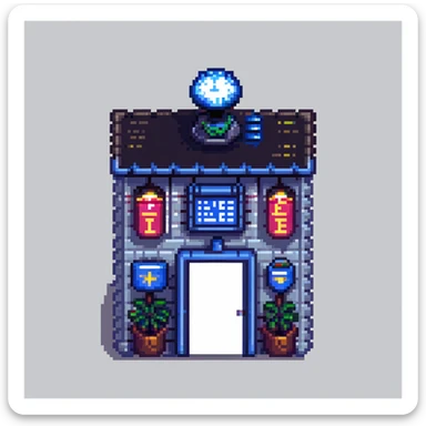 pixel art city police station with flashing lights and police sign sticker