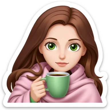woman with very long brown hair and green eyes in a light pink blanket coffee sticker
