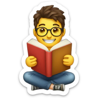 joven estudiante atiborrado de libros, sonriente y muy feliz con un libro en sus manos y en su cabeza sticker