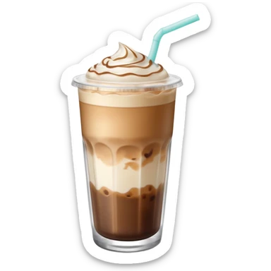An iced latte in a transparent matte glass, showing how the milk and coffee mix, with ice touching the inner walls of the glass, and a clear lid with a transparent straw on top. Use soft and pastel tones. sticker
