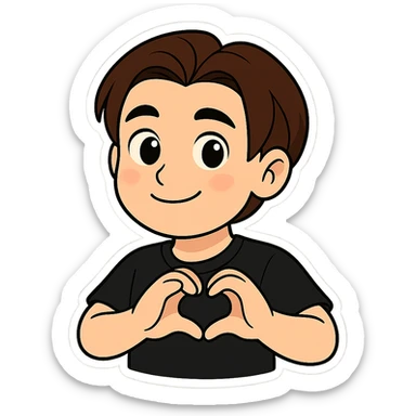 A cartoon man matching the reference image, making a heart shape with both hands. He wears a plain black t-shirt with no spots. Style: chibi stickers. sticker