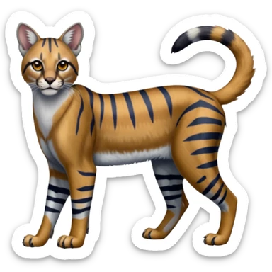 Realistic tiger-striped edgy bluish greyish blackish whitish silvery coppery Shiny Colorful Dusky Dark Gloomy Glossy Genet-Caracal-Lion-Bobcat-fusion-animal-hybrid-creature, full body, tufted ears, long thin tufted tail sticker