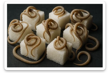 ZOLLETTE DI ZUCCHERO CON PARASSITI TIPO LA TENIA ARROTOLATE INTORNO AD OGNI ZOLLETTA, IPERREALISTICO 4K sticker