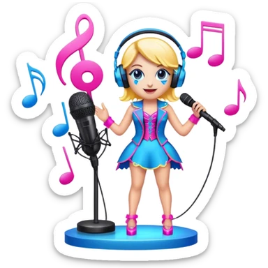 Create a vibrant and energetic emoji that represents pop or stage vocal performance. The design should feature a microphone on a stand, musical notes, and an illuminated stage or spotlight to symbolize the live performance aspect. Add an elegant stage costume, such as a suit or glamorous outfit, to emphasize the theatrical side of pop singing. Include elements like studio headphones, a music mixer, or a soundboard to reflect the modern, studio-based nature of pop vocal performance. Use bright colors like neon pink, electric blue, and gold to convey energy, creativity, and the glamour of the stage. The background should be transparent. sticker