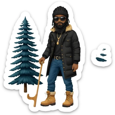 African American man with shoulder length black dreadlocks with black beard wearing black sunglasses wearing a black bubble winter coat wearing denim skinny jeans wearing wheat timberland boots with ski mask on sticker