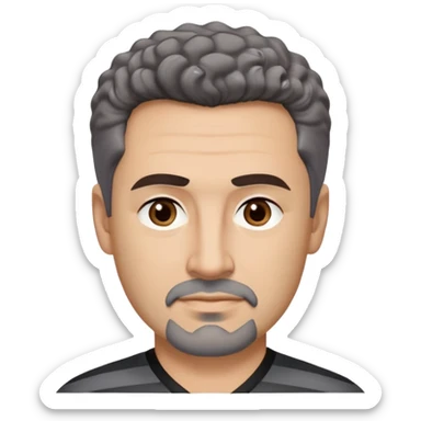 Man in his early 50s with tan complexion. Strong square jawline. Dark brown eyes with focused expression. Thick eyebrows. Black goatee with subtle gray hairs. Short curly dark hair with slight receding hairline. Slight confident smile. Wearing a black V-neck shirt with gray stripes. sticker