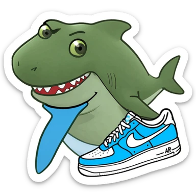 Shark standing on its feet wearing light blue Air Force one￼ sticker