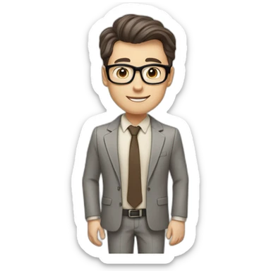 Pale skinned fit man with dark brown hair in gray jacket, beige office shirt, brown tie, brown pants and vintage glasses Writing text on a marker board sticker