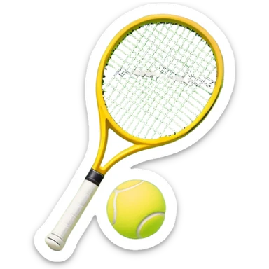 A tennis racket with a bright yellow tennis ball resting on it, set against the backdrop of a well-maintained tennis court. The scene emphasizes the smooth lines of the court and the focus on the ball and racket, symbolizing the elegance and precision of the sport sticker
