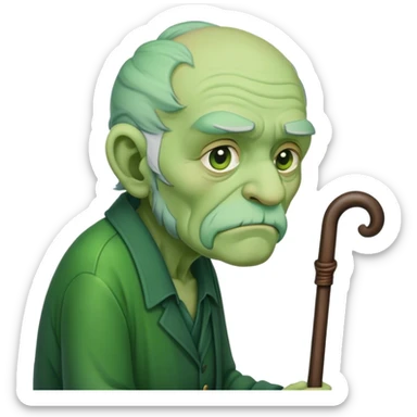 Old man that looks like a green alien hunched over with a cane sticker