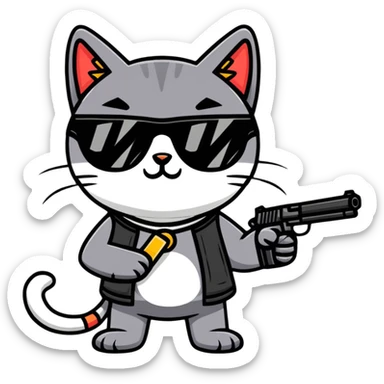 black cat with sunglasses and a gun sticker