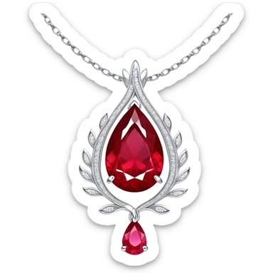 teardrop ruby pendant with fiery light, tiny phoenix feather emerging, haloed by shimmering white stones, silver chain like liquid moonlight sticker