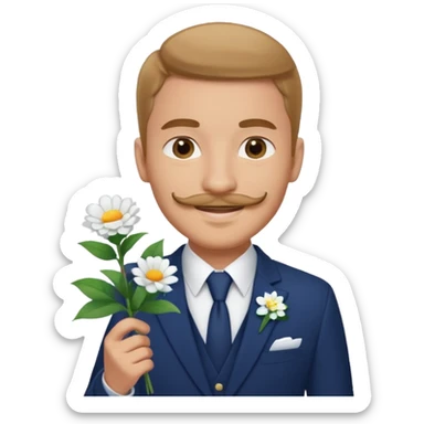 Homme 23 ans léger bouc moustache pas trop épaisse en costume bleu foncé chemise blanche insigne cabin crew portant bouquet fleur blanche souriant  sticker