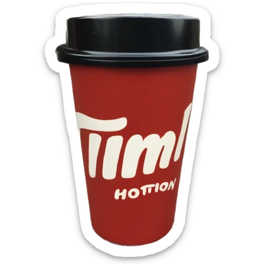 “Red Tim Hortons coffee cup with large white ‘Tim Hortons’ logo in script, black plastic lid, and a simple, clean design.” sticker