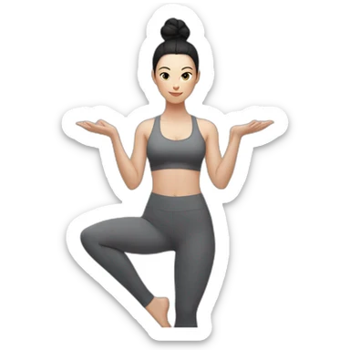 Pale skinned fit woman In a gray tight yoga suit and wristbands With black hair in a bun doing yoga sticker