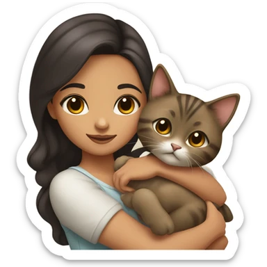 Eurasian girl with dark brown hair neutral tan olive skin long brown hair and brown eyes with arched brows holding a kitten sticker