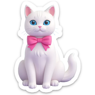 3D iOS style illustration of a white cat with a pink bow, sitting on the shore and gazing at the ocean, with birds in the blue sky sticker