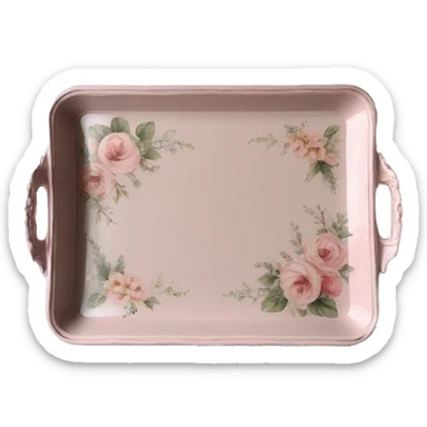 Light pink glass serving tray with handles, shabby chic style with floral print sticker