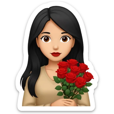 A girl with long black hair holding a bouquet of roses sticker